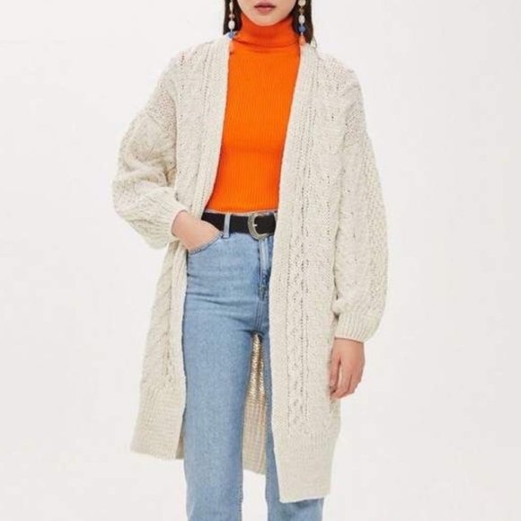 Topshop Sweaters - Topshop Cable Knit Longline Open Cardigan Oversized Duster Beige Women's US 10